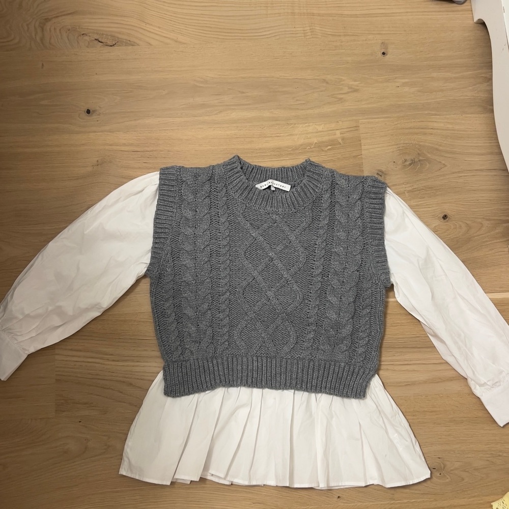 English Factory Gray Cable Knit Sweater Vest Layered Over White Peplum Top